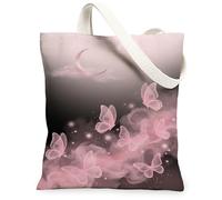 Bolsa de lona con diseño de mariposas para mujer, fantástica, romántica, luna, nubes, primavera, melocotón, lavable, reutilizable, pequeñas, ideas para viajes de compras, oficina, biblioteca, casual