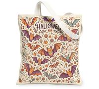 Bolsa de lona con diseño de murciélago, fantasma, caramelos, Halloween, violeta, para uso diario, 13 x 15 pulgadas