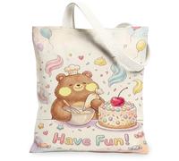 Bolsa de lona con diseño de oso para mujer, bolas de aire para celebración, pastel, lavable, reutilizable, ideal para viajes, trabajo, compras, librería, 33 x 38 cm