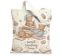 Bolsa de lona con diseño de oso para mujer, diseño de libro de tazas, color azul pastel, lavable, reutilizable, ideas para viajes al aire libre, día de trabajo, lectura, 13 x 15 pulgadas