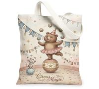 Bolsa de lona con diseño de oso para mujer, diseño de ratón de circo, bolas de aire, pastel, lavable, reutilizable, bolsa de mercado para compras, brunch, parque, biblioteca, excursiones, 13 x 15