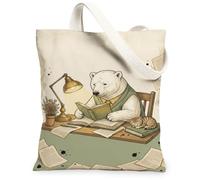Bolsa de lona con diseño de oso para mujer, libros de lámpara ilustrativos, beige, lavable, reutilizable, ideas para compras, viajes, oficina, biblioteca, casual, 33 x 38 cm