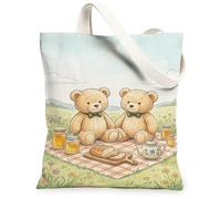 Bolsa de lona con diseño de osos de peluche para mujer, tarros de miel juguetones, pan, primavera, azul pastel, lavable, reutilizable, bolsa de mercado B, Azul pastel, 13x15 Inch