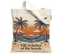 Bolsa de lona con diseño de palmeras para mujer, hamaca tropical de verano, olas del océano, color naranja, lavable, reutilizable, idea de bolsa de compras, Naranja, 13x15 Inch