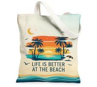 Bolsa de lona con diseño de palmeras para mujer, verano, puesta de sol tropical, olas del océano, verano, naranja, lavable, reutilizable, bolsa de compras, Naranja, 13x15 Inch