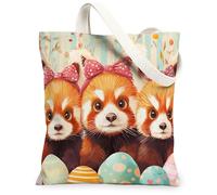 Bolsa de lona con diseño de panda rojo para primavera, Pascua, 13 x 15 pulgadas, lindos huevos divertidos, animales, reutilizable, estampado de comestibles, para mujeres, pintura estética extraña y