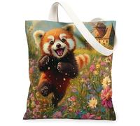 Bolsa de lona con diseño de panda rojo primaveral para ir de compras, 13 x 15 pulgadas, diseño de animales de campo, jardín, bolsa reutilizable para mujeres, divertida flor granja, playa, pintura