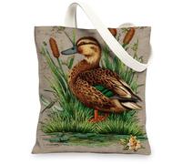 Bolsa de lona con diseño de pato, rústica, reutilizable, de lino, ligera, inspirada en la naturaleza, con correa para el hombro, 33 x 38 cm