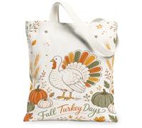 Bolsa de lona con diseño de pavo, calabazas festivas de temporada, trigo, otoño, blanco, bolsa de la compra, 33 x 38 cm, Blanco, 13x15 Inch