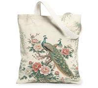 Bolsa de lona con diseño de pavo real para mujer, diseño tradicional y elegante, con flores y ramas, color verde primavera, lavable, reutilizable, para compras, brunch, parque, biblioteca, excursiones