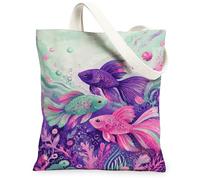Bolsa de lona con diseño de peces para mujer, burbujas acuáticas juguetonas, coral, verano, violeta, lavable, reutilizable, ideas de bolsa de mercado para Shoppin, Violeta, 13x15 Inch