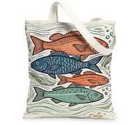 Bolsa de lona con diseño de peces para mujer, diseño de olas artísticas marinas, burbujas, color azul, lavable, reutilizable, ideal para todos los días, Azul, 13x15 Inch