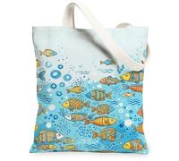 Bolsa de lona con diseño de peces para mujer, diseño de olas de burbujas juguetonas, verano, azul, lavable, reutilizable, pequeña, ideas para viajes de compras, oficina, biblioteca, casual, 13 x 15