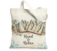 Bolsa de lona con diseño de peces para mujer, libros relajados de verano, café, verano, azul, lavable, reutilizable, bolsa de mercado, ideas para viajes de compras, oficina, biblioteca, casual, 13 x