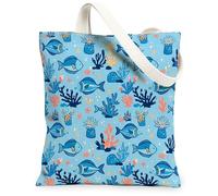 Bolsa de lona con diseño de peces para mujer, verano, náutica, coral, algas marinas, verano, azul, lavable, reutilizable, bolsas de mano para viajes, trabajo, compras, librería, 13 x 15 pulgadas
