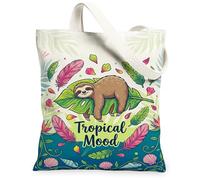 Bolsa de lona con diseño de perezoso para mujer, diseño de hojas tropicales, color verde, lavable, reutilizable, estética, ideas para compras, viajes, oficina, biblioteca, casual, 33 x 38 cm