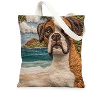 Bolsa de lona con diseño de perro boxeador para ir de compras de 13 x 15 pulgadas, bolsa de hombro reutilizable con palmera de playa para mujeres, decoración de regalo de pintura de mascotas