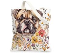 Bolsa de lona con diseño de perro bulldog de primavera para ir de compras, 13 x 15 pulgadas, divertida acuarela, flores silvestres, cachorro, reutilizable, bolsa de comestibles para mujeres, pintura