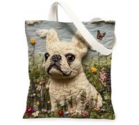 Bolsa de lona con diseño de perro bulldog francés de primavera para compras, 13 x 15 pulgadas, flores novedosas, bolsa de comestibles reutilizable para mujeres, mascotas, trabajo, viajes, pintura