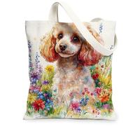 Bolsa de lona con diseño de perro caniche de primavera para ir de compras, 13 x 15 pulgadas, divertida acuarela, flores silvestres, cachorro, reutilizable, estampado de comestibles para mujeres