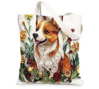 Bolsa de lona con diseño de perro corgi de papel para ir de compras, 13 x 15 pulgadas, divertido cachorro de flores silvestres, reutilizable, bolsa de estampado de comestibles para mujeres, decoración