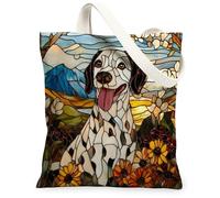 Bolsa de lona con diseño de perro dálmata de primavera para ir de compras, 13 x 15 pulgadas, diseño de vidrieras, divertido cachorro escénico, bolsa de impresión reutilizable para mujeres, pintura