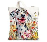 Bolsa de lona con diseño de perro dálmata de primavera para ir de compras, 13 x 15 pulgadas, divertida acuarela, flores silvestres, cachorro, reutilizable, bolsa de comestibles para mujeres, pintura
