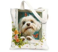 Bolsa de lona con diseño de perro maltés de primavera para compras, 13 x 15 pulgadas, divertida bolsa de comestibles reutilizable con ventanas florales para mujeres, mascotas, trabajo, viajes
