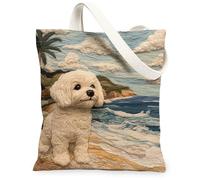 Bolsa de lona con diseño de perro maltés para ir de compras, 13 x 15, palmera de playa, reutilizable, bolsa de comestibles para mujeres, mascotas, trabajo, viajes, decoración de regalo