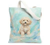 Bolsa de lona con diseño de perro para mujer, diseño de ondas juguetonas, burbujas, color azul claro, lavable, reutilizable, ideal para viajes, trabajo, compras, librería, 33 x 38 cm