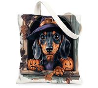 Bolsa de lona con diseño de perro para mujer, sombrero de calabaza de Halloween, naranja, lavable, reutilizable, ideas para viajes de compras, oficina, biblioteca, casual, 13 x 15 pulgadas
