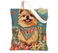 Bolsa de lona con diseño de perro pomerania de primavera para compras, 13 x 15 pulgadas, flores vintage, floral, reutilizable, bolsa de hombro para mujeres, decoración de regalo de pintura para