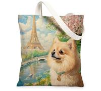 Bolsa de lona con diseño de perro pomerania de primavera para compras, 13 x 15 pulgadas, torres románticas, bolsa de comestibles reutilizable para mujeres, decoración de regalo de pintura de viaje