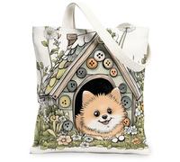 Bolsa de lona con diseño de perro pomerania de primavera para ir de compras, 13 x 15 pulgadas, divertida perrera de flores, reutilizable, estampado de comestibles, para mujeres, bonita decoración de