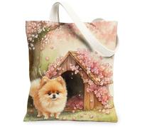 Bolsa de lona con diseño de perro pomerania primaveral para ir de compras, 13 x 15 pulgadas, divertida bolsa de comestibles reutilizable para mujeres, mascotas, trabajo, viajes, pintura, decoración de