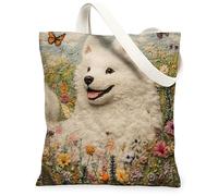 Bolsa de lona con diseño de perro samoyedo de primavera para compras, 13 x 15 pulgadas, flores novedosas, bolsa de hombro reutilizable para mujeres, pintura de mascotas, decoración de regalo
