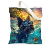 Bolsa de lona con diseño de perro terrier escocés para ir de compras, 13 x 15 pulgadas, divertida playa costera, océano, reutilizable, bolsa de comestibles para mujeres, patrón de viaje para mascotas