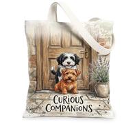 Bolsa de lona con diseño de perros para mujer, rústica, con puerta encantadora, lavanda, ninguno marrón, lavable, reutilizable, ideal para viajes, trabajo, compras, librería, 13 x 15 pulgadas
