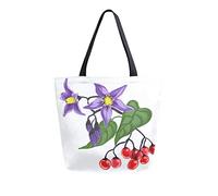 Bolsa de lona con diseño de planta de sombra nocturna amarga, bolsa de playa para mujer, flores violetas, hojas, bayas, bolso de hombro grande, reutilizable, ligero para ir de compras, viajes