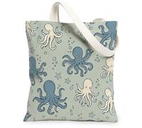 Bolsa de lona con diseño de pulpo para mujer, diseño de burbujas de estrellas, color azul, lavable, reutilizable, estética, ideas para viajes al aire libre, día de trabajo, lectura, 13 x 15 pulgadas