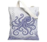Bolsa de lona con diseño de pulpo para mujer, diseño de olas marinas, burbujas, color azul, lavable, reutilizable, estética, ideas para compras, viajes, oficina, biblioteca, casual, 13 x 15 pulgadas