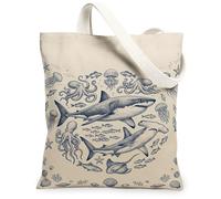 Bolsa de lona con diseño de tiburón para mujer, diseño de pulpo, medusas de verano, azul marino, lavable, reutilizable, ideal para viajes, trabajo, compras, librería, 13 x 15 pulgadas