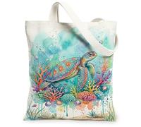 Bolsa de lona con diseño de tortuga para mujer, burbujas de coral vibrantes, verano, azul, lavable, reutilizable, ideas para viajes al aire libre, día de trabajo, lectura, 13 x 15 pulgadas