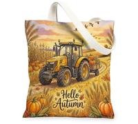 Bolsa de lona con diseño de tractor para mujer, otoño, rústico, calabaza, trigo, otoño, amarillo, lavable, reutilizable, bolsa de mercado, ideas para T, Amarillo, 13x15 Inch