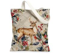 Bolsa de lona con diseño floral de ciervo, bolsas reutilizables para comestibles, rústica, ligera, lavable, con correa para el hombro, Beige, 13x15 Inch