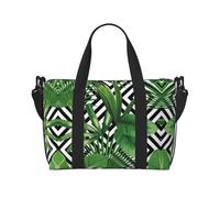 Bolsa de lona con estampado de hojas verdes de palmera tropical, se puede llevar cruzada o al hombro, adecuada para viajes y camping.