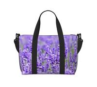 Bolsa de lona con estampado de lavanda morada, se puede llevar cruzada o al hombro, adecuada para viajes y camping.
