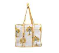 Bolsa de lona con estampado de palmeras, bolsa de playa blanca y amarilla con ribete a rayas, bolsa de hombro grande casual