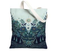 Bolsa de lona con flores para mujer, diseño bohemio, artístico, sol, luna, verano, verde azulado, lavable, reutilizable, bolsas de mano para todos los días, Verde azulado, 13x15 Inch