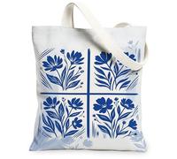 Bolsa de lona con flores para mujer, diseño botánico moderno con tallo de hoja, color azul, lavable, reutilizable, pequeñas bolsas de mano, ideas para viajes de compras, oficina, biblioteca, casual